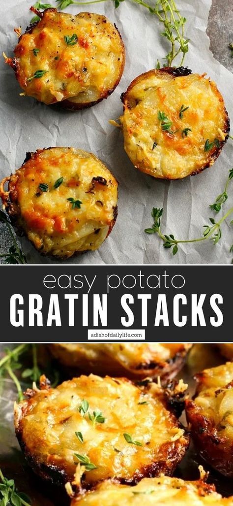 These Potato Gratin Stacks are a great short cut option for the more time consuming Potatoes Au Gratin casserole dish. They’re just as delicious, and they’re easier to make! Potato Gratin Stacks, Easy Potato Gratin, Potato Gratin Easy, Brown Sugar Ham, Potato Stacks, Gratin Potatoes, Cheesy Potato Casserole, How To Make Potatoes, Potato Bites