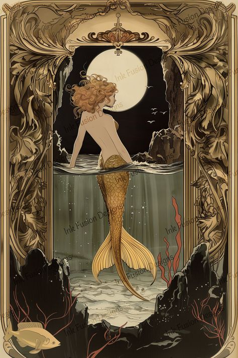 Meet Luxora, an Art Deco Mermaid. This ideal art print features a serene mermaid gazing at the full moon, framed by intricate Art Nouveau designs. This decorative art print combines vintage elegance with fantasy elements, making it a stunning piece for any creative project or decor. Characteristics: mermaid, Art Deco, moonlight, golden, serene, underwater, fantasy, elegant, vintage, ocean, goddess, Art Nouveau, intricate, dreamy, mystical, red, brown, tan, coral, gift for crafter Uses: Our decor Mermaid Mythology Art, Vintage Art Nouveau Illustration, Ocean Goddess Art, Vintage Mermaid Illustration, Art Deco Mermaid, Art Nouveau Angel, Mermaid Art Nouveau, Art Nouveau Mermaid, Murmuration Art