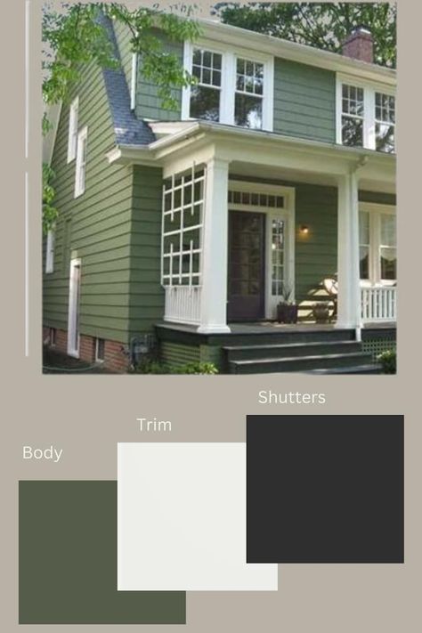 Sage Green Exterior House Colors, Exterior Paint Palette, Light Green House, Green Home Exterior, Old Money Home, Siding Colors For Houses, Country House Exterior, Craftsman Colors, Cape Cod House Exterior