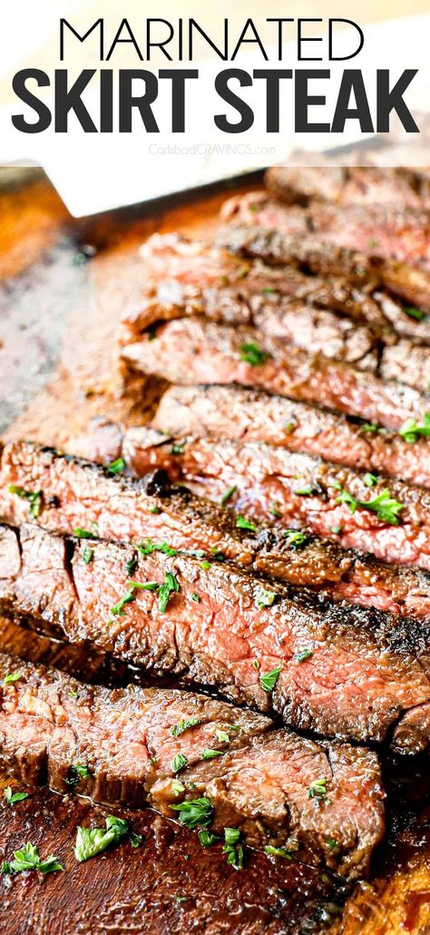 Marinated Skirt Steak (Grill or Stovetop) - SO JUICY!!!! Quick Skirt Steak Recipes, Spanish Skirt Steak Recipes, Perfect Skirt Steak, How To Make Skirt Steak Tender, Tender Grilled Steak, Simple Skirt Steak Recipes, Paleo Skirt Steak Recipes, Skirt Steak Smoker Recipes, Skirt Steak Recipes Marinade Beef Fajitas