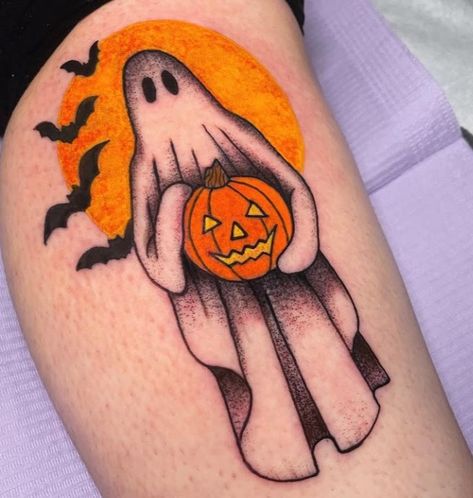 Traditional Jack O Lantern Tattoo, Ghost With Pumpkin Tattoo, Ghost Holding Pumpkin Tattoo, Small Halloween Tattoos Simple, Sewing Tattoos, Cute Halloween Tattoos, Halloween Flash, Lantern Tattoo, Pumpkin Tattoo