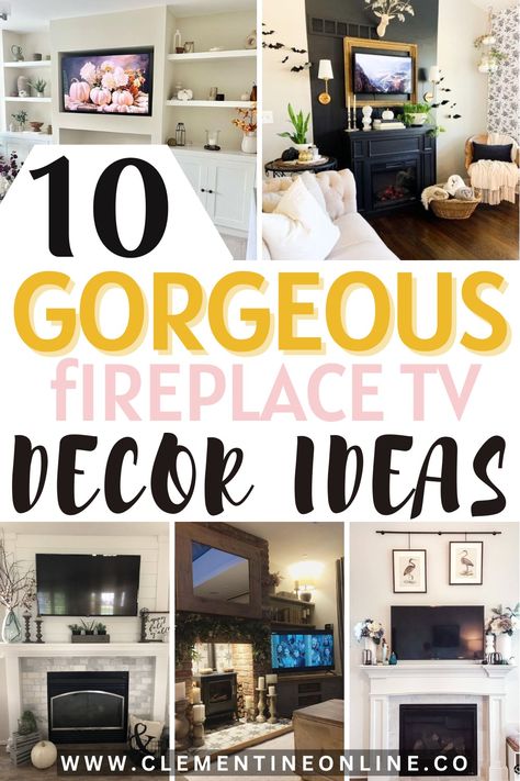 10 Gorgeous Decor ideas: How to decorate a fireplace mantel and place your TV - Clementine Online How To Decorate Large Mantle, White Fireplace Mantels Decor, Fireplace Mantle Inspiration, Decor Ideas For Fireplace Mantel, Under Tv Fireplace Decor, How To Style A Mantel With A Tv, Decorate Mantle Fireplace With Tv, How To Decorate Fireplace With Tv, Decorating Fireplace With Tv Above It