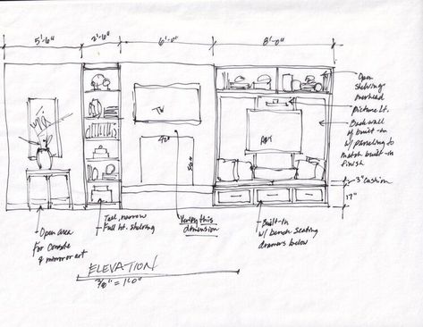 Fireplace Wall Elevation Long Fireplace Wall, Asymmetrical Fireplace Wall, Asymmetrical Fireplace, Asymmetrical Fireplaces, Long Fireplace, Grey Slate Tile, Wall Units With Fireplace, Wall Elevation, Dark Grey Paint