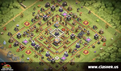 Town Hall 11 - HYBRID Base Map #6 - Clash of Clans | Clasher.us Th11 Base Layout, Clash Of Clans Game, Clan Castle, Trophy Base, Star Trophy, My Town, The Thing Is, Clash Of Clans, Town Hall