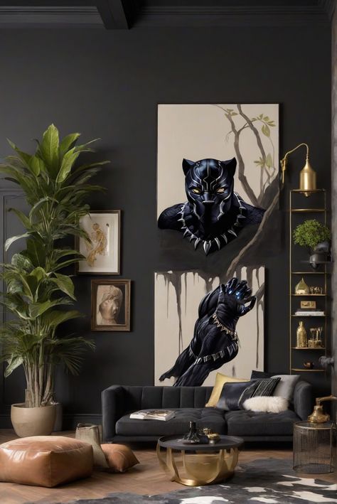 Black Panther wall paint, living room decor, trendy design, color inspiration Black Panther Paint, Wakanda Forever Painting, Black Panther Decor, Panther Decor, Black Panther Wall Art, Living Room 2024, Best Wall Paint, Dark Wall, Dark Walls