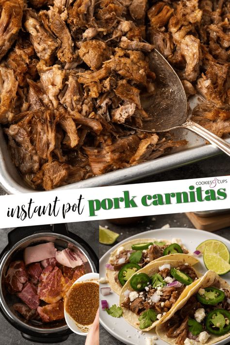 This Instant Pot Carnitas recipe needs just 5 minutes of prep! Make unbelievably tender, juicy, and crispy carnitas for pork tacos and more. Carnitas Instant Pot, Instant Pot Carnitas Recipe, Crispy Carnitas, Instant Pot Carnitas, Picnic Roast, Cookies And Cups, Carnitas Recipe, Pork Carnitas, Pork Tacos