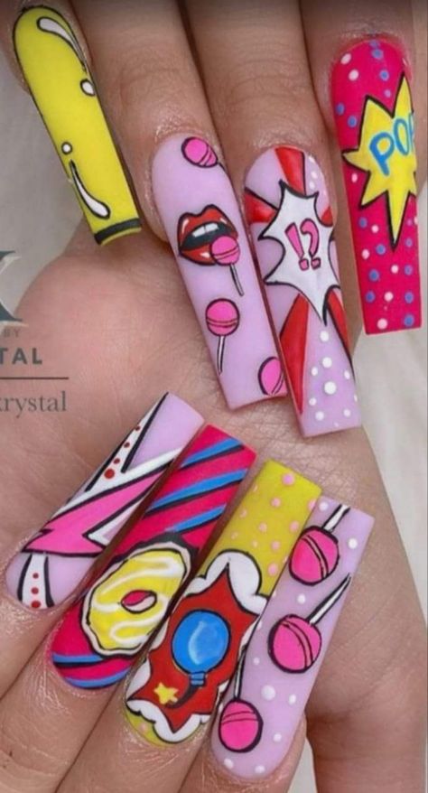 37+ Cutest easter nails designs to recreate this year 2024 | Easter Nail Ideas Pop Art En Uñas, Pop Art Nails Designs, Easter Nails Designs, Comic Nail Art, Comic Book Nails, Easter Nail Ideas, Plum Nails, Pop Art Nails, Crazy Nail Designs