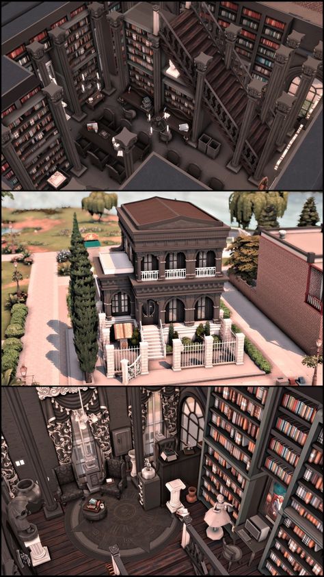 Willow Creek Libary Sims 4 Lots Community, Sims 4 Willow Creek, Mansion Interior Design, Sims 4 Rooms, Sims 4 Build Ideas, San Myshuno, House Plans With Pictures, Sims 4 House Plans, Sims 4 House Design