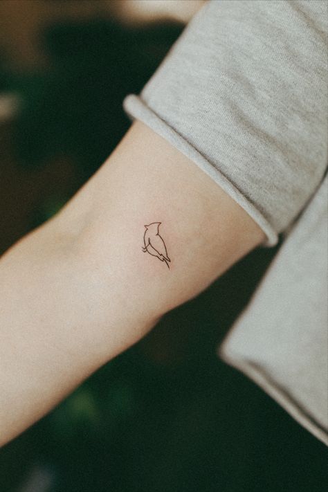 Robin Tattoo Simple, Fineline Cardinal Tattoo, One Line Cardinal Tattoo, Tiny Cardinal Tattoo Simple, Minimalist Cardinal Tattoo Outline, Fine Line Cardinal Tattoo, Simple Line Cardinal Tattoo, Minimal Cardinal Tattoo, Cute Bird Tattoos