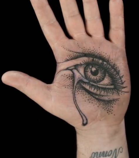 Palm Eye Tattoo, Eye Tattoo On Palm, Eye Palm Tattoo, Hand Tattoo Eye Design, Hand With Eye Tattoo, Eyes On Palms Tattoo, Palm Of The Hand Tattoo, Ryan Ashley Tattoos, Ryan Ashley Tattoo