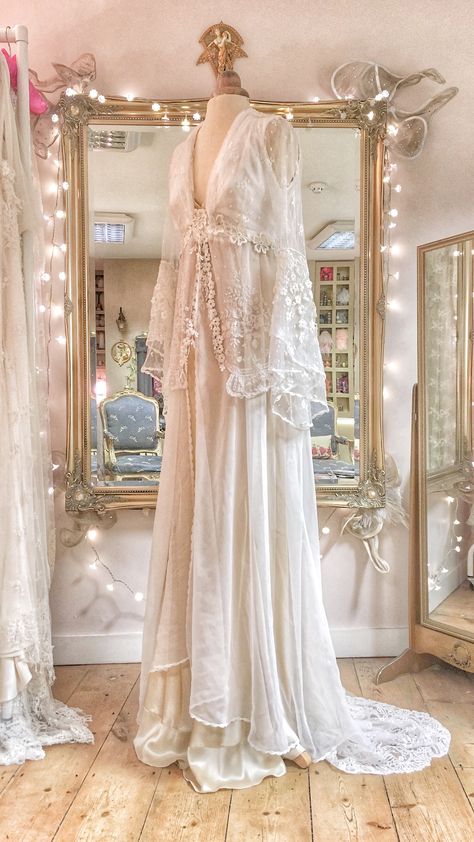 Bespoke Boho style wedding dress in silk chiffon and antique lace by Joanne Fleming Design Joanne Fleming Wedding Dress, Rustic Barn Wedding Dress, Fantasy Fits, Antique Lace Wedding Dress, Silk Chiffon Wedding Dress, Lace Bohemian Wedding Dress, Joanne Fleming, Barn Wedding Dress, Nikah Outfit