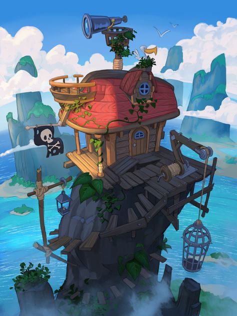 ArtStation - Pirate Hut, Jean Gueissaz Pirate Hideout, Pirate Castle, Cartoon Environment, Rainbow Island, Golden Age Of Piracy, Pirate Island, Pirate Games, Pirates Cove, Isometric Art