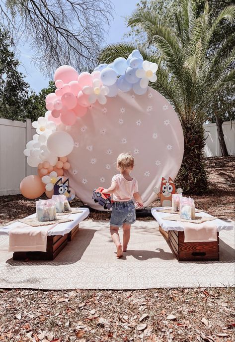 Bluey Birthday Party Aesthetic, Bluey Party Dessert Table, Bluey Party Outfit, Bluey Birthday Party Outfit, Bluey Daisy Party, Bluey Birthday Pool Party, Boho Bluey Party, Bluey 5th Birthday Party Girl, Adopt A Floppy Bluey Party