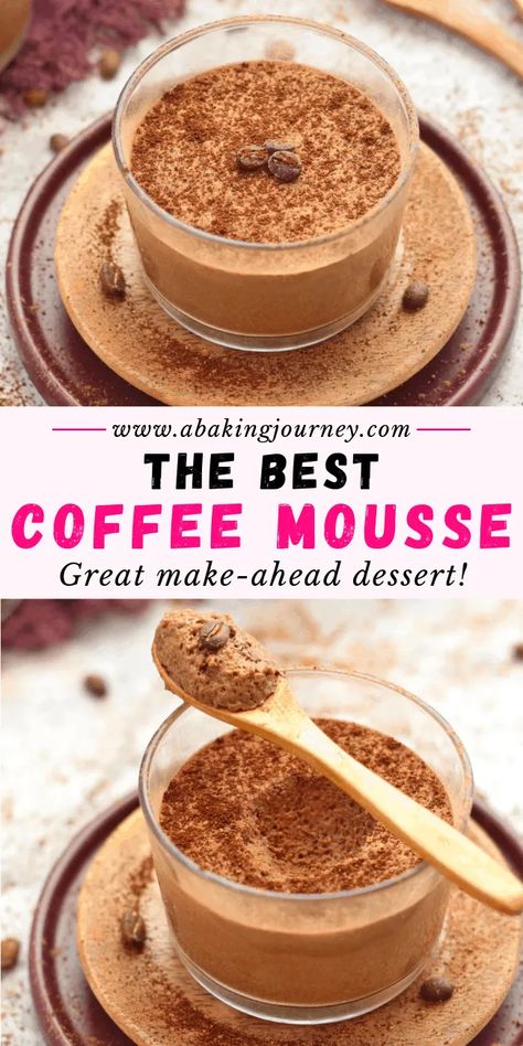 The Best Coffee Mousse Cups Recipe! Ever wondered how to make coffee mousse? This easy no bake coffee dessert recipe will show you exactly how! This espresso chocolate mousse is a great idea of a no bake dessert in cups for parties. The super easy coffee dessert will please any coffee lover with its super light and creamy texture - perfect way to finish a dinner party! #coffeemousse #dessertcoffee #dessertincups #nobakedessert #espressocups #espressomousse #dinnerpartydessert #dessertcups Coffee Desserts No Bake, Instant Coffee Recipes Baking, Thickened Cream Recipes, Desserts Made With Coffee, Coffee Food Recipes, Light Desert Ideas, Dessert In Cups, Dessert Cups Ideas, Coffee Desserts Easy