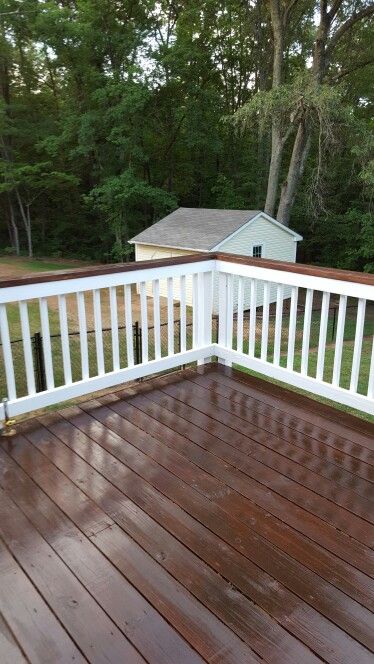 Front Porch Deck Stain Ideas, Two Tone Wood Deck, Deck Railing Colors Ideas Paint, Gray House Brown Deck, Painted Decks Colors Ideas, Deck Colors Ideas Paint, Deck Painting Ideas, Refinishing Deck, Wood Deck Ideas