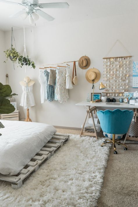 Beachy Boho Bedroom & Office - Sweet Teal Boho Bedroom Office, Beachy Boho Decor, Beachy Bedroom Decor, Beachy Boho Bedroom, Beachy Home, Tropical Interior Design, Beachy Bedroom, Beachy Room, Beach Room