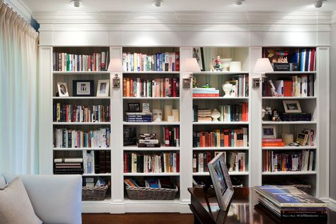 Plenty of lighting - sconces, overhead lighting near shelves Built Bookshelves, Wall Library, Builtin Bookshelves, Contemporary Bookshelf, Ceiling Room, Library Shelving, Lighting Office, Floor To Ceiling Bookshelves, Bookshelf Wall