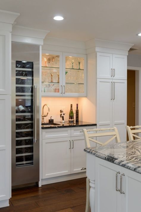 Wet Bar With Wine Fridge And Ice Maker, Wine Cooler Built In Cabinet, Integrated Bar In Kitchen, Pantry Wall With Wine Fridge, Subzero Wine Refrigerator Built In, Kitchen With Wine Cooler, Floor To Ceiling Wine Fridge, Built In Wine Fridge And Coffee Bar, Tall Wine Fridge Cabinet Built Ins