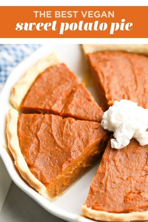 Vegan Sweet Potato Pie is creamy and rich, and will be the star of your Thanksgiving dessert table! A southern classic pie that is easy to make with NO butter or eggs, but no one would guess! Sweet Potato Pie Recipes Easy, Sweet Potato Pie Recipes, Pie Recipes Easy, Vegan Sweet Potato Pie, Vegan Pies Recipes, Nora Cooks, Bean Pie, Sweet Potato Pie Southern, Sweet Potato Recipes Fries