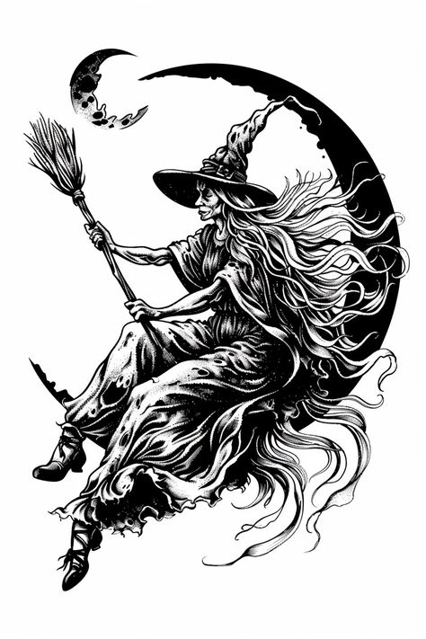 "Old Witch with Broom Flying on Moon" embodies mystique and magic in a BLACK INK tattoo design. This enchanting portrayal captures the allure of folklore, with the witch adorned in her hat and flowing hair against the moonlit sky. Experience the whimsy and wonder of the supernatural world with this captivating tattoo concept. 🌙🖤 #oldwitch #blackink #tattoo #design Incense Tattoo, Wizard Tattoo Design, Crone Tattoo, Broom Flying, Black Ink Tattoo, Witch With Broom, Cool Skull Drawings, Ink Tattoo Design, Wizard Tattoo