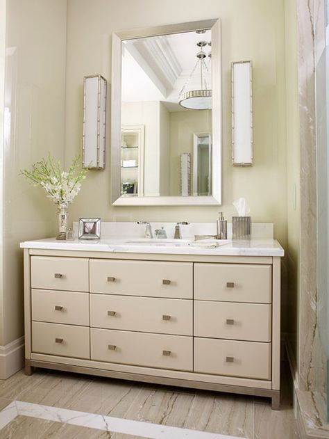 Dressers as Bathroom Vanities--contemporary style dresser still looks great! Vanity Between Two Walls, Vanity Nook, Wall Hung Bathroom Vanities, Elegant Bathroom Decor, Elegant Bath, Bathroom Sink Cabinets, Diy Bathroom Vanity, Freestanding Vanity, Old Dressers