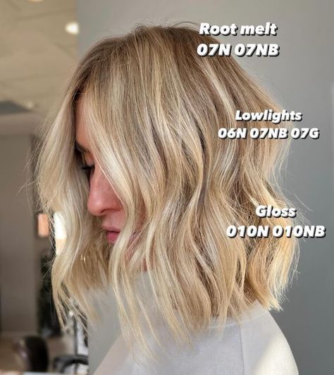 Lisa Mathews on Instagram: "You guys asked for it!! Formula for Soft dimensional spring blonde   My client wanted to go warmer and more dimensional for spring (a subtle change). For the crown after every sliced highlight I added a thick weaved lowlight. For the front I added a lowlight for every other highlight leaving the front brighter and the Mohawk section blonde (no lows)   @redken formulas  Lowlights 06N 07NB 07G Root melt 07N 07NB  Mids to ends 010N 01NB   Save this for reference  Like and follow for daily hair  Have questions drop them below 👇  @behindthechair_com @haleygable @chrissylan @caitlyn_cummings @_shayalexis   #wintertospring #redkenshadeseqformulas #haireducation #softblonde #springblonde #rootmelt #hairappointment #dimentionalcolor #hairvideos #springhaircolor #blondeb Highlight Lowlight Formula, Redken Shades Lowlight Formulas, Blonde Lowlight Formula Redken, Blonde Lowlight Formula, Redken Blonde Formula, Redken Lowlights Formula, Lowlights For Blondes Formula, Lowlight Formula Shades Eq, Shades Eq Lowlight Formulas