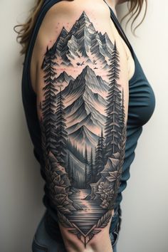 Half Sleeve Nature Tattoos For Women, Woodsy Tattoos, Alaskan Flowers, Mt Tattoo, Star Poem, Mountain Sleeve Tattoo, Bush Landscape, Forest Tattoo Sleeve, Forest Forearm Tattoo