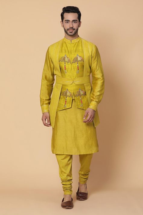 Shop for Kudrat Couture Yellow Chanderi Layered Embroidered Kurta Set for Men Online at Aza Fashions Raw Silk Embroidery, Layered Kurta, Man Wear, Haldi Outfit, Gents Kurta, Kurta Patterns, Yellow Umbrella, Indian Men, Kurta Set For Men