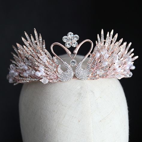 Swan Crown, Rose Gold Headpiece, Crown Queen, Rose Gold Tiara, Crown Crystal, Queen Princess, Gold Tiara, Antique Modern, Crystal Tiaras