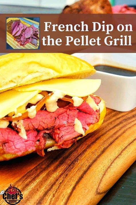 French Dip Sandwich on the Pellet Grill - Chefs Magnet Smoked French Dip Sandwich, Eye Of The Round Roast, French Dip Au Jus, Grilled Roast Beef, Slow Cook Roast, French Dips, Au Jus Recipe, Smoked Chuck Roast, Beef Dip