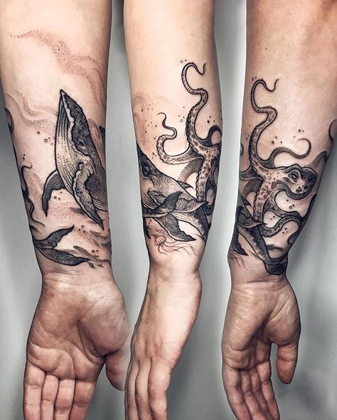 Sea Tattoo Sleeve, Aquatic Tattoo, Tattoo Perna, Underwater Tattoo, Ocean Sleeve Tattoos, Octopus Tattoos, Sea Tattoo, Tattoo Background, Water Tattoo