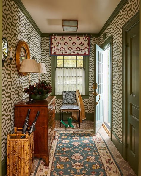 phillip thomas berkshires rear entry Front Entrance Wallpaper, Wallpaper Behind Bookshelves, Colored Trim Interior, Moody Entryway Ideas, Entry Hall Decor, Wallpaper Entry, Bright Blue Kitchen, Modern Farmhouse Entry, 1920s Home Decor