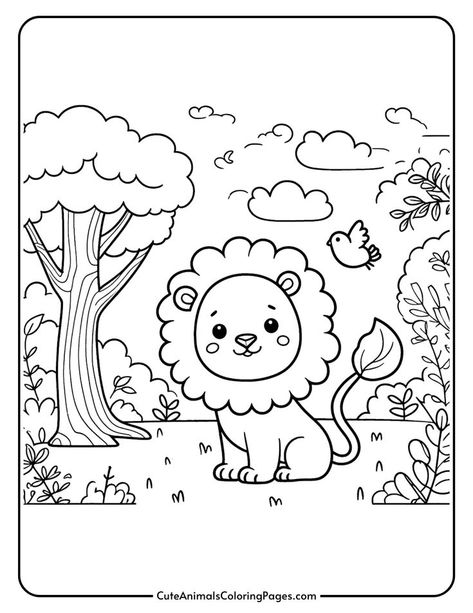 Cute black and white coloring page featuring a friendly lion sitting in a lush forest scene with trees, bushes, and a small bird flying above. Ideal for children’s art activities and animal-themed projects. Animals Drawing Sketches, Lion Drawing For Kids, Lion Outline, Lion Drawing Simple, Lion Drawings, Christmas Drawings For Kids, Draw A Lion, Wild Animals Drawing, Cute Animals Coloring Pages