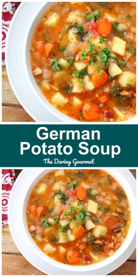 German Potato Soup (Kartoffelsuppe) #RegionalSoupSpecialties German Potato Soup, German Potato, Potato Soup Recipe, Aromatic Herbs, Chicken Dishes Recipes, Potato Soup, Hearty Meals, Grocery List, Food App