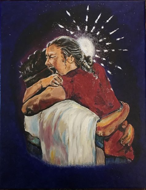 “First Day In Heaven” (reproduction from T-shirt by request) Acrylic on Canvas for  Carmen First Day In Heaven Picture, First Day In Heaven, Are Father Who Art In Heaven, First Moments In Heaven Painting, Earth Is Crammed With Heaven, Hugging Jesus In Heaven, Dog Heaven Painting, Heaven Pictures, Heaven Painting