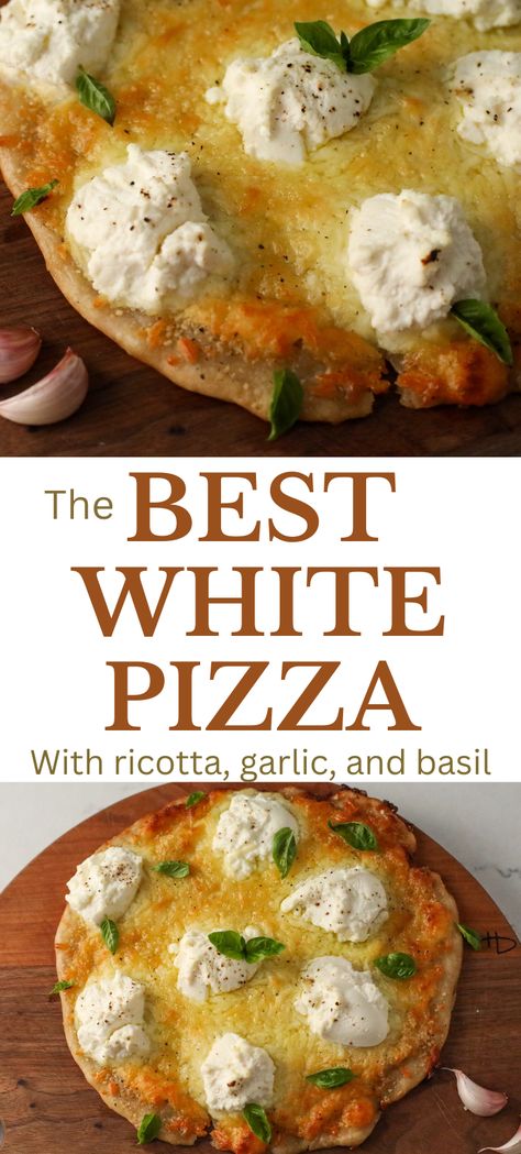 Easy pizza recipe with ricotta cheese, basil, homemade white pizza sauce, parmesean cheese, mozzarella and a delicious pizza crust. Easy weeknight dinner recipe | Tomato free pizza recipe| White Pizza Recipe | Vegetarian pizza Tomato Free Pizza, Ricotta Cheese Pizza, Homemade White Pizza, Pizza Crust Easy, Recipe With Ricotta Cheese, Pizza Bianca Recipe, White Pizza Recipe, Pizza With Mozzarella, Ricotta Sauce