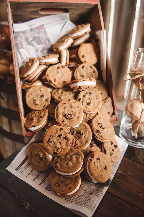 Chocolate chip cookie sandwiches at a wedding dessert table.    Barn Wedding Venue In knoxville. Cookie Table Wedding, Wedding Venues In Texas, Table For Wedding, Cookie Display, Christmas Shortbread, Wedding Food Drink, Cookie Sandwiches, Sandwich Bar, Dessert Bar Wedding