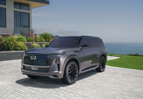 The new generation of Infiniti's full-size luxury SUV should look a lot like this and will likely be the first vehicle to incorporate the brand's new 3-D logo. Suv Concept, Mercedes Benz C180, Full Size Suv, Luxury Car Brands, Camera Store, New Suv, Grand Seiko, Coin Design, Nissan Armada