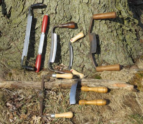 op row, from left: a German-style drawknife made in Western Germany, Mora push knife, English-style drawknife, Flexcut 5-inch drawknife and a cooper’s knife. Bottom row, same order: Round drawknife and a chair maker’s scorp. Draw Knives: The Wonderful World of Wood Eaters - BLADE Magazine Push Knife, Unique Knives, German Style, Cool Knives, Cooper S, Green Wood, English Style, Wonderful World, A Chair