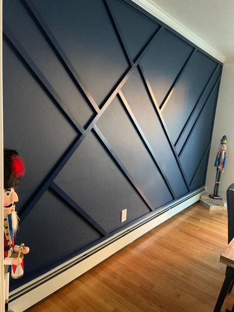 Abstract Wall Panelling, Navy Blue Accent Wall Bedroom, Bedroom Mural, Living Room Cozy, Freddy 2, Home Backyard, Blue Accent Walls, Accent Wall Designs, Small Cottage Homes