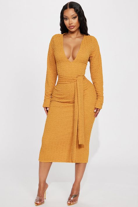 Available In Hunter And Mustard. Midi Dress Deep V-Neck Long Sleeve Waist Tie Stretch Length = 47" Self: 95% Polyester 5% Spandex Imported | Dalia Midi Dress in Mustard Yellow size Small by Fashion Nova Fashion Nova Birthday Dress, Mustard Fashion, Hot Pink Fashion, Office Dresses For Women, Classy Casual Outfits, Knit Mini Dress, Long Sleeve Midi Dress, Teenage Fashion Outfits, Boho Chic Fashion