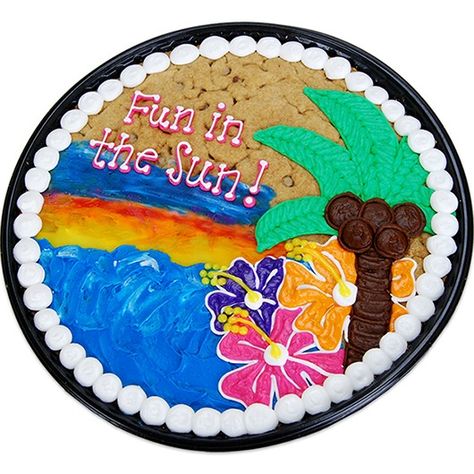 A beautiful day at the beach just arrived right on a yummy chocolate chip cookie cake by Cookies by Design. Hawaiian Cookie Cake, Beach Theme Cookie Cake, Luau Cookie Cake, Summer Cookie Cake, Luau Cookies, Cookie Arrangements, Giant Cookie Cake, Message Cookies, Tasty Chocolate Chip Cookies