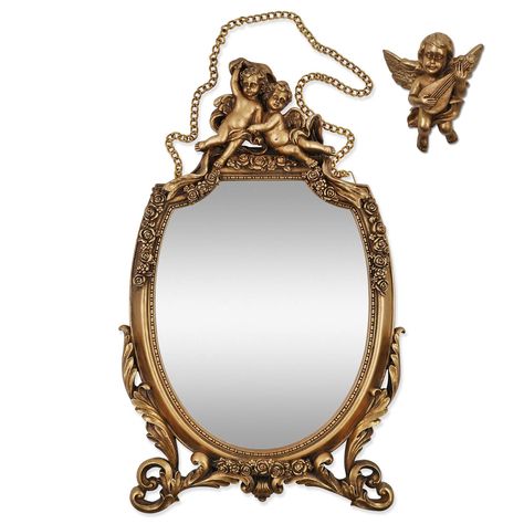 PRICES MAY VARY. The mirror opening itself is close to 10 x 8 inches. The entire mirror with frame is 16.5 x 9.5 inches. Each decorative mirror has a metal chain for hanging on a wall and comes with cherub statue for decorating. This vintage wall mirror will add the perfect little touch to your wall and will make a unique addition to interior decor. This framed mirror is made of polyresin with angel and floral ornaments, and painted by hand in a gold finish to give it a classy look. The hanging Decorating Mirror Frames, Gothic Mirror, Vintage Wall Mirror, Floral Ornaments, Mirror Wall Bedroom, Gold Mirror Wall, Vintage Mirror Wall, Ornaments Vintage, Style Baroque