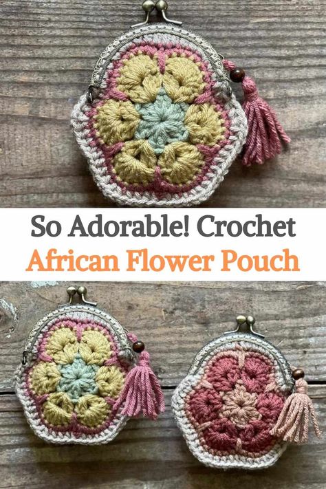 This adorable crochet change purse is made in the famous African floral motif. It is perfect for storing small items that you don't want to lose in your bags, such as headphones, earphones, coins, bills, lipstick, and other small items. To crochet this lovely pouch, you will need a Kiss clasp, a size 3.3" (8.5 cm), a needle size F 3.75 mm, 3-4 colors of any size 4 strands worsted weight, very short, and just one 8mm wooden bead (optional). The final pouch measures approx. 4" x 4" (10 x 10 ... Items To Crochet, Easy Crochet Pouch, Crochet Change Purse, Coin Purse Crochet Pattern, Small Crochet Gifts, Disney Crochet, Purse Patterns Free, Crochet African Flowers, Coin Purse Pattern