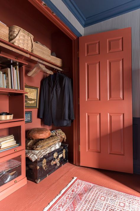 Picture Gallery Red, Candy Stripe Wallpaper, Closet Transformation, Masculine Bedroom, Dark Bedroom, Farrow And Ball, Feature Walls, Big Reveal, Closet Makeover