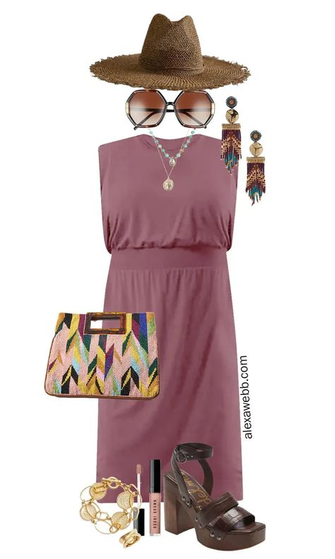 Plus Size Boho Summer Dress Outfits - A easy casual summer dress with boho accessories like a straw fedora, statement beaded earrings, and chunky heeled sandals. - Alexa Webb Winery Outfit Spring Plus Size, Summer Dress Outfit Ideas, Boho Summer Dress, Plus Size Summer Casual, Wineries Outfit, Alexa Webb, Women's Plus Size Jeans, Plus Size Boho, Night Style