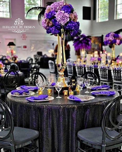 Purple Black And Gold Table Decorations, Black And Purple 30th Birthday, Purple Black Champagne Wedding, Black And Purple Wedding Table Setting, Royal Purple Party Theme, Black Silver Purple Table Decor, Purple And Gold Masquerade Party, Black And Lilac Quinceanera Theme, Purple Black And Gold Quince