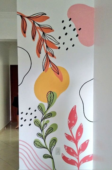 Easy Wall Decor Painting Ideas, Easy Floral Wall Painting, Classroom Painted Walls, Cute Murals Wall Art, Small Space Mural, Succulent Accent Wall, Wall Mural Colorful, Small Wall Mural Ideas, Aesthetic Wall Painting Bedroom