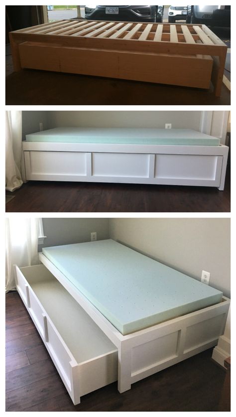 Storage Daybed, White Daybed, Diy Mattress, Diy Daybed, Daybed With Storage, Diy Furniture Bedroom, Hiasan Bilik, Bed Plans, Bed With Drawers