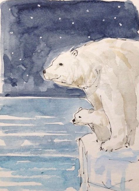 Nature Drawing Ideas, Polar Bear Watercolor, Watercolor Studies, Polar Bear Paint, Polar Bear Drawing, Snow Buddies, Polar Bear Art, Bear Watercolor, Bear Paintings